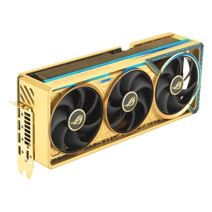 ROG-ASTRAL-RTX5080-DHAHAB-CORE_angled top down view focous on IO+lighting
