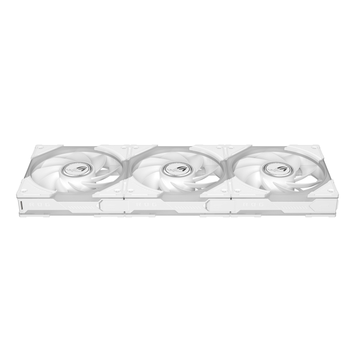 Top down view of ROG Eurux GR120 ARGB Fan reverse blade Triple pack White showing side frame with patented daisy chain and ROG patterns 