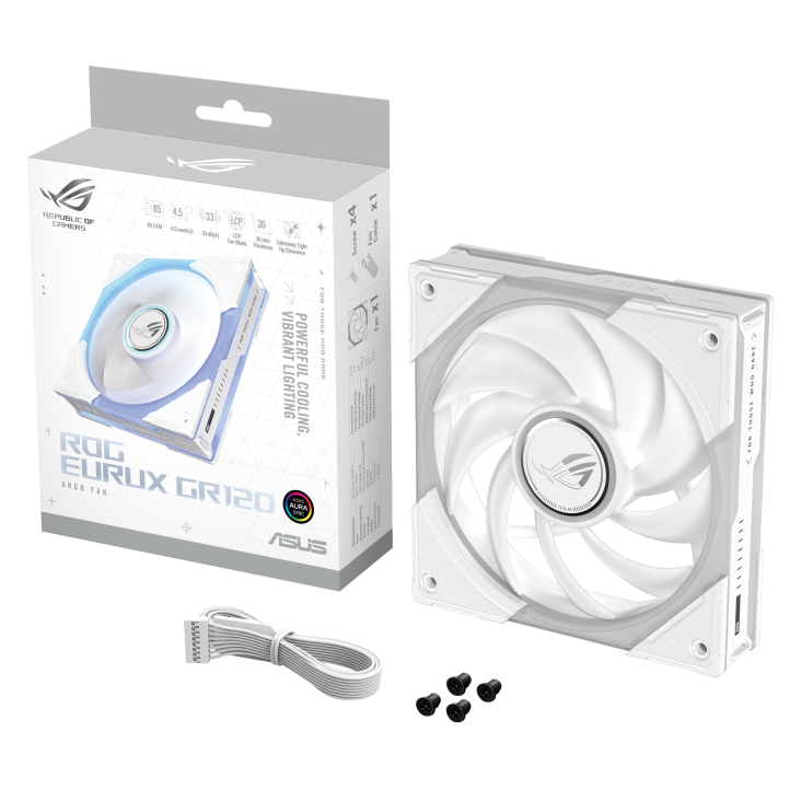 ROG Eurux GR120 ARGB Fan White single pack color box, with accessories