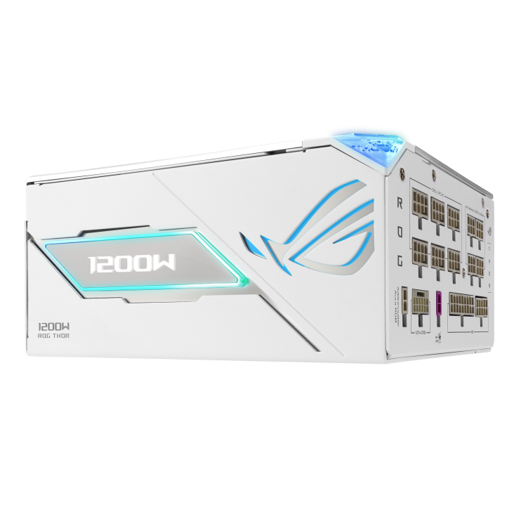 ROG Thor 1200W Platinum III White Edition with ROG Equalizer hero angle with front side focus