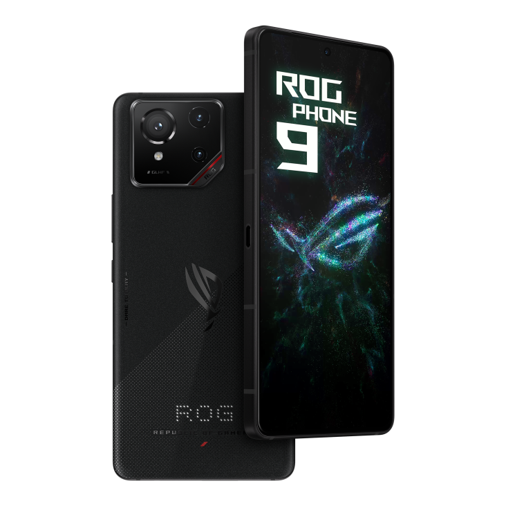 ROG Phone 9 Phantom Black angled view from back and the other ROG Phone 9 Phantom Black angled view from front, tilting at 45 degrees.