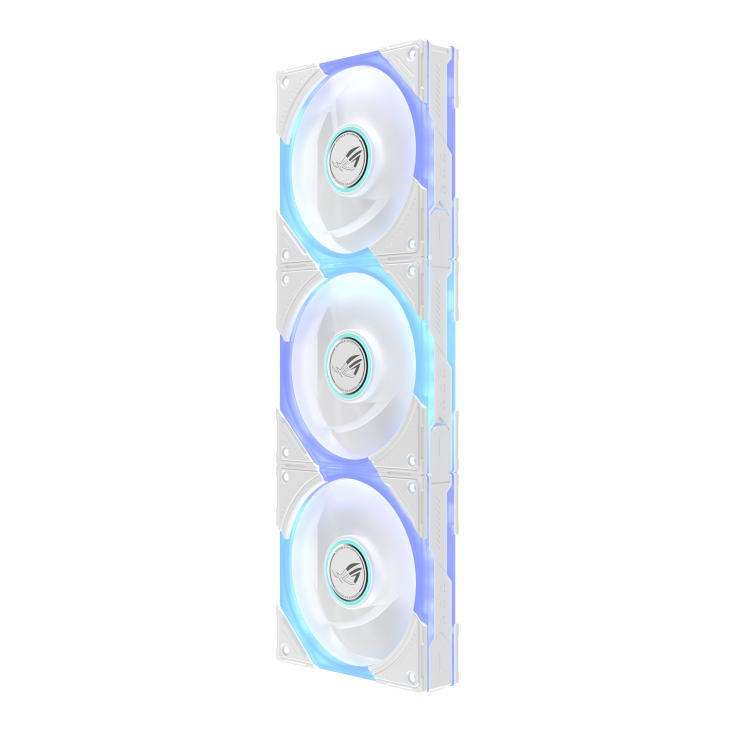 A vertical, straight-on view of the ROG Eurux GR120 ARGB fans reverse blade, highlighting the sleek uniformity of the stacked design with sequential red and white ARGB accents.