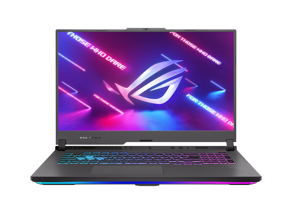 Front shot of the Strix G17 with the ROG Fearless Eye logo on screen and keyboard visible
