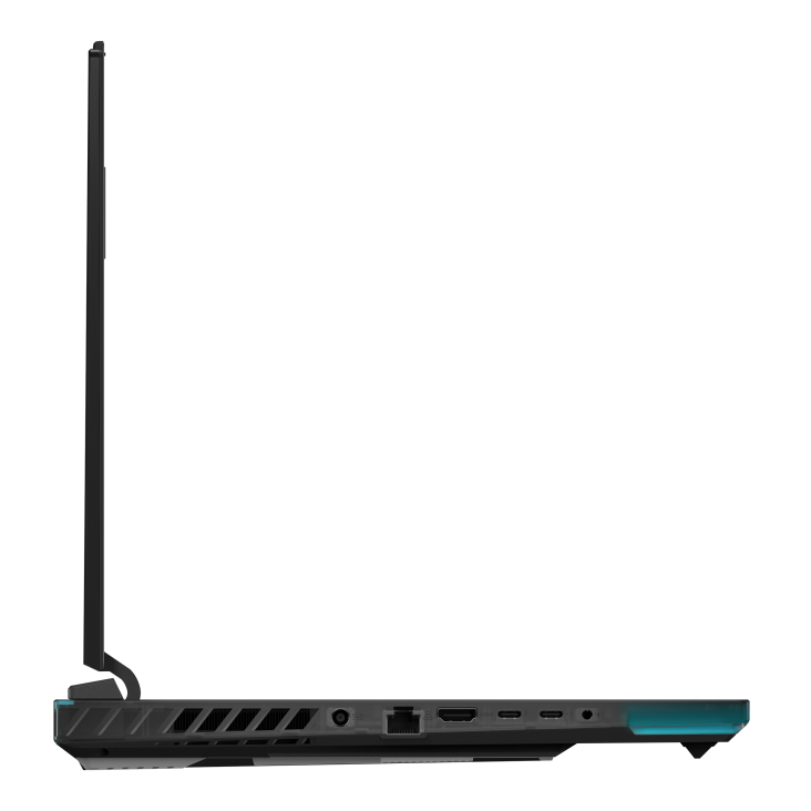 Profile view of the left side of the Strix SCAR 16, with DC power, HDMI, ethernet, two USB C ports, and a headphone jack visible