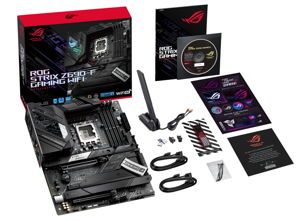 ROG STRIX Z690-F GAMING WIFI top view with what’s inside the box