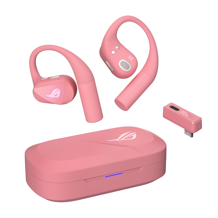 ROG Cetra Open Wireless gaming earbuds in Dusk Pink with closed charging case and wireless dongle.