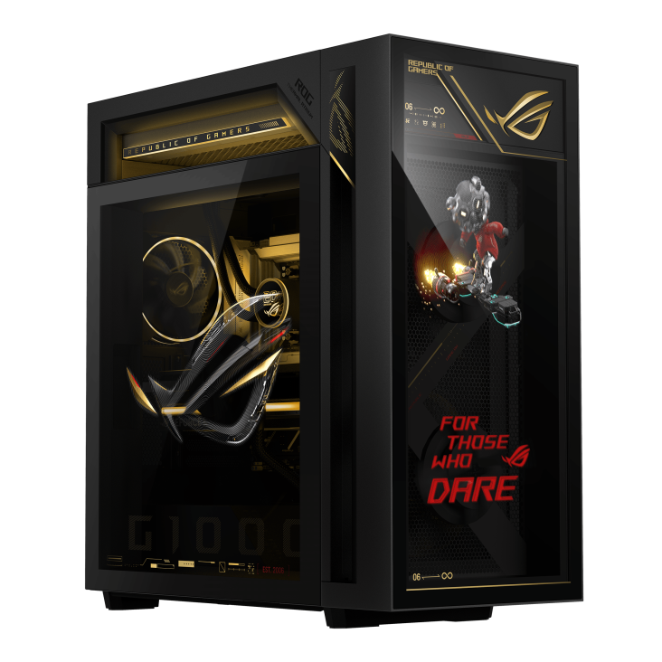 ROG G1000 (2026) GM1000 edition 20 A hovering ROG logo is projected from the fan, with a joystick on the left glass