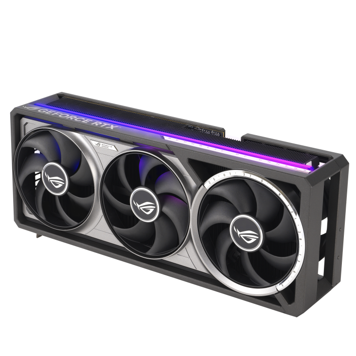 ROG-ASTRAL-RTX5080-16G-GAMING_angled top down view focous on fans+lighting