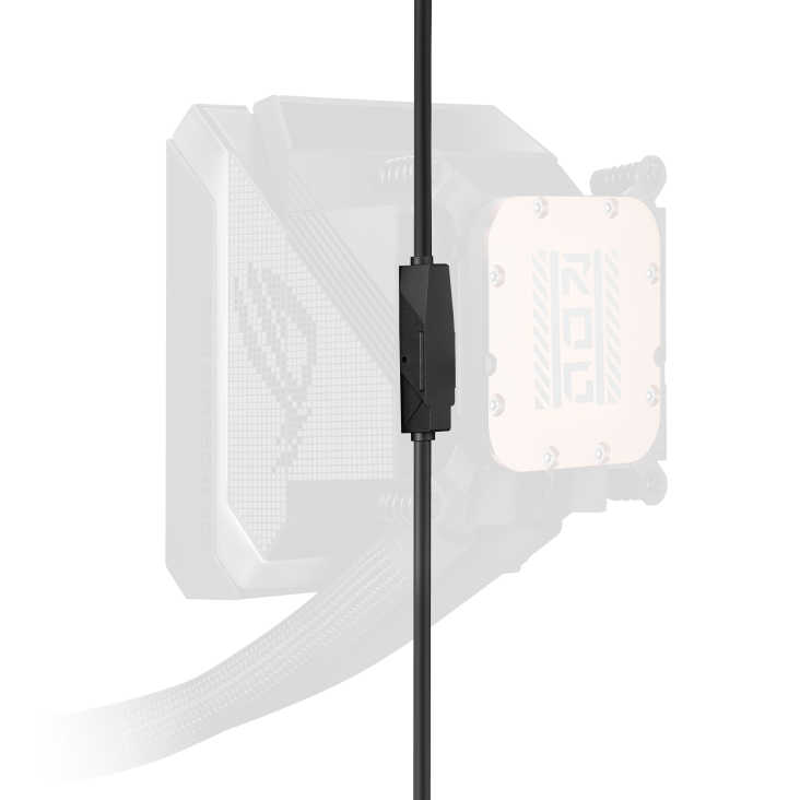 ROG Strix LC IV 360 ARGB LCD – pump and LCD block only, near-vertical side view with a single cable running straight upward