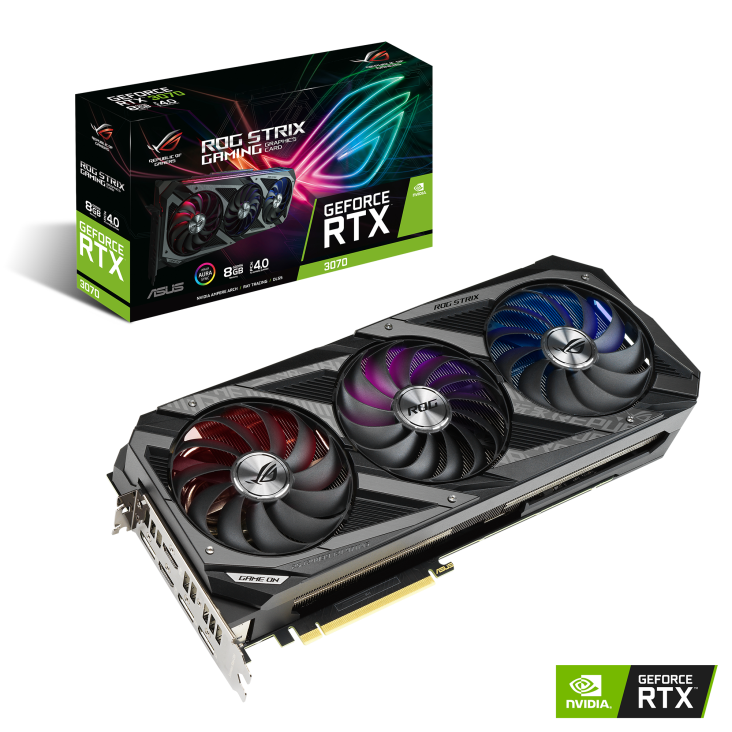 ROG-STRIX-RTX3070-8G-GAMING graphics card and packaging with NVIDIA logo