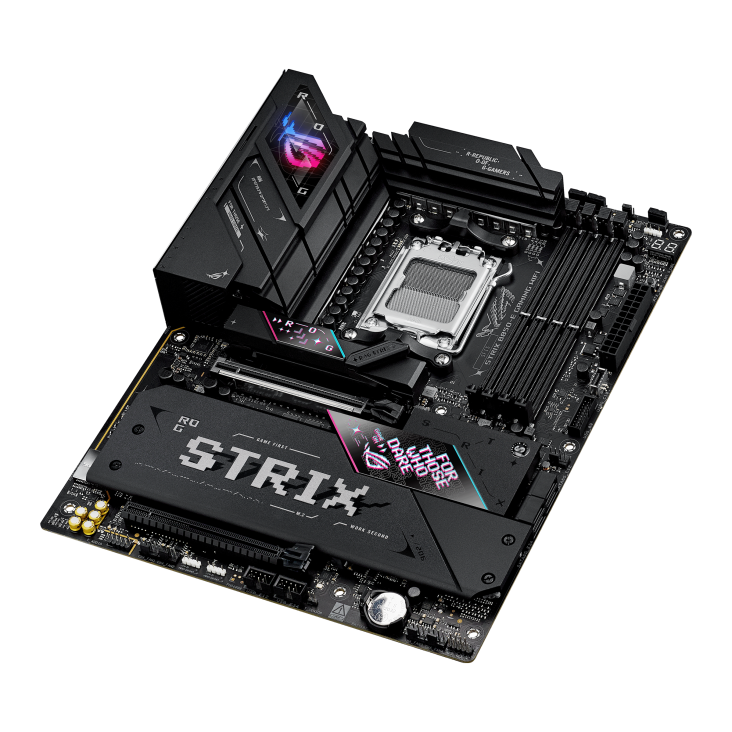 ROG STRIX B850-E GAMING WIFI top view, angled 45 degrees to the right
