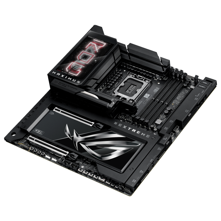 ROG MAXIMUS Z890 EXTREME top view, angled 45 degrees to the right