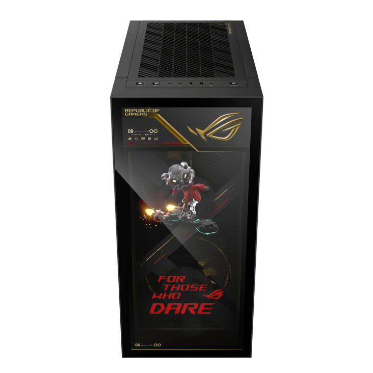 ROG G1000 (2026) GM1000 edition 20 A hovering ROG logo is projected from the fan, with a joystick on the left glass
