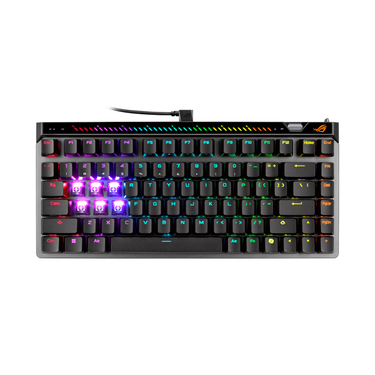 Black ROG Falchion Ace 75 HE with keycaps removed and focus on the ROG HFX V2 Magnetic Switches