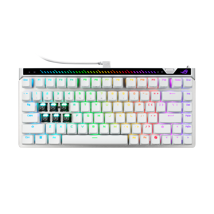 White ROG Falchion Ace 75 HE with keycaps removed and focus on the ROG HFX V2 Magnetic Switches
