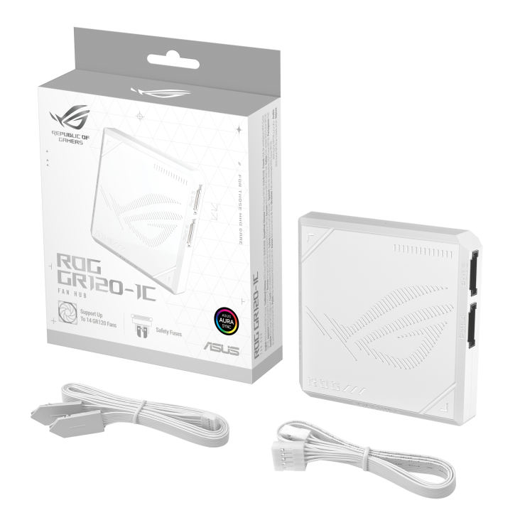 ROG GR120 ARGB PWM Fan hub white with color box and accessories