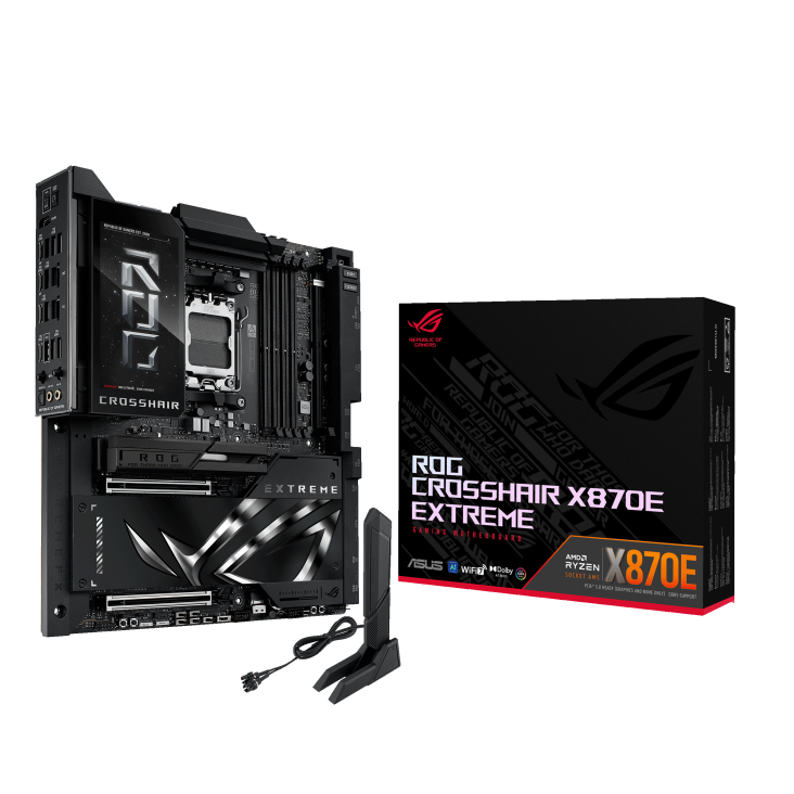 ROG CROSSHAIR X870E EXTREME angled view from left with the box