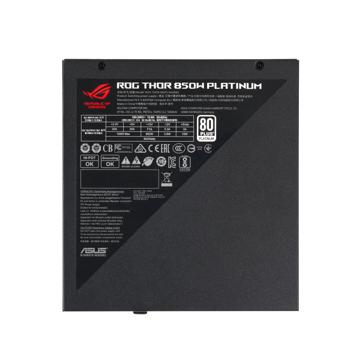 Bottom of ROG Thor 850W Platinum II and product information