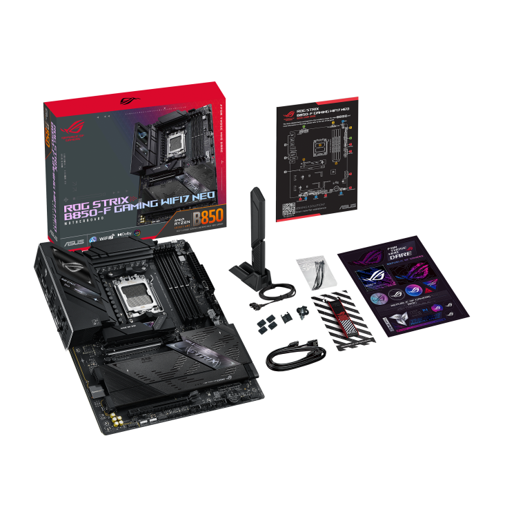Full package contents display of the ROG Strix B850-F Gaming WiFi 7 Neo motherboard