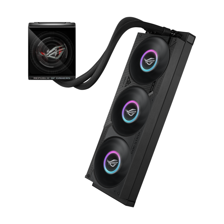 ROG Strix LC IV 360 ARGB LCD – full unit three-quarter view, radiator with three lit ARGB fans upper right, pump/LCD block lower left
