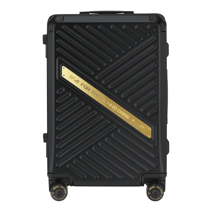 A sleek black ROG gaming suitcase with diagonal textured surface, featuring a gold ROG FOR THOSE WHO DARE plaque and branded wheels