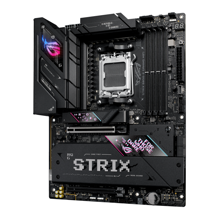 ROG STRIX B850-E GAMING WIFI front view, 45 degrees, viewed from left