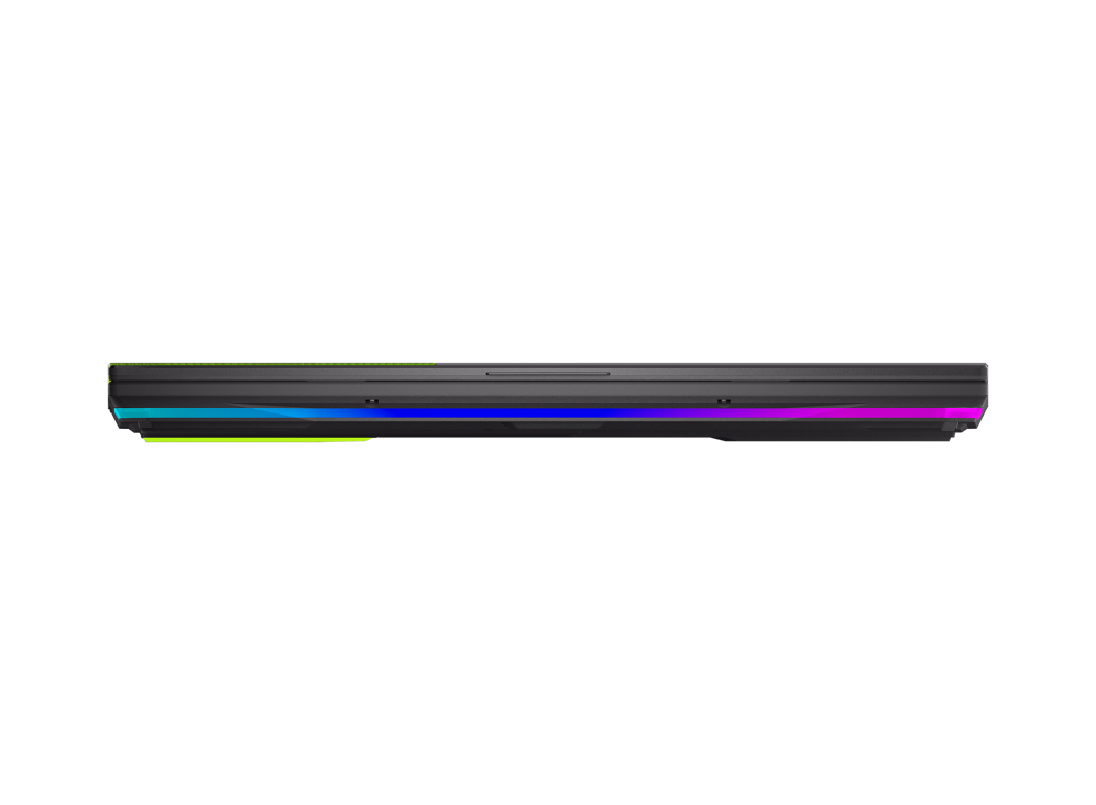 Profile view of the front of the Strix G15, with emphasis on the colored rubber feet and wrap around RGB lightbar.