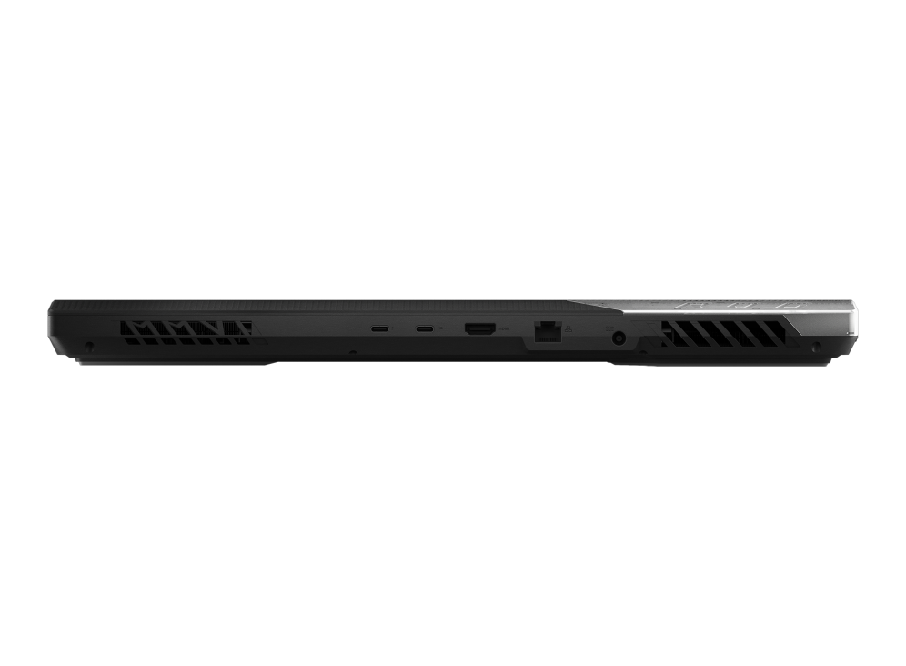 Profile view of the rear of the Strix SCAR 17, with emphasis on the rear I/O and heatsinks.