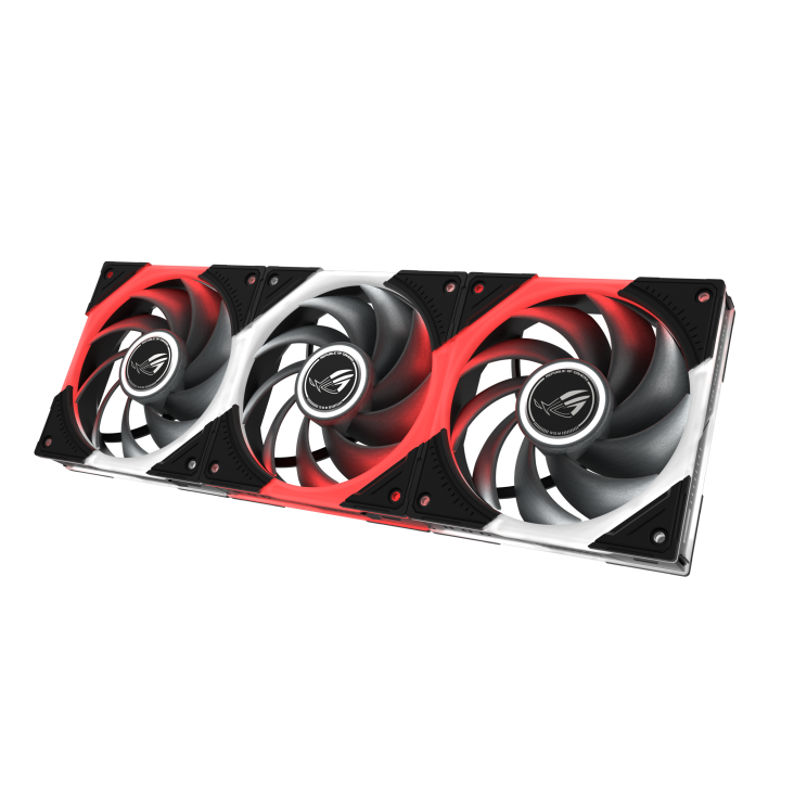 Angled view of the triple ROG Eurux GR120 ARGB fans, showcasing the black frame, red and white ARGB ring illumination, and anti-vibration rubber corner pads
