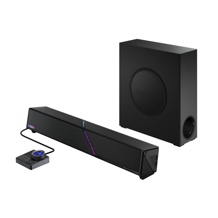 ROG Gjallar PC gaming soundbar side view angled from left with wireless subwoofer and audio control hub