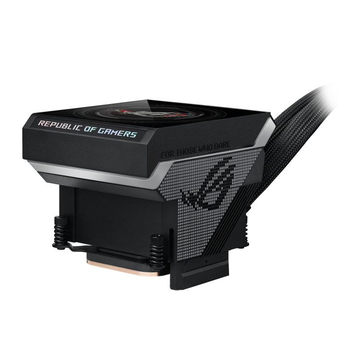ROG Strix SLC IV 360 ARGB LCD – front-on view of the pump and LCD block only, tubing exiting the top, copper fitting visible at the base