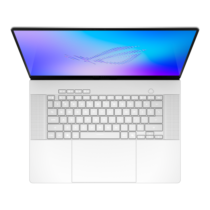 04_2026 Zephyrus G16 Top down view of the Zephyrus G16, with the ROG Fearless Eye logo on screen and the keys illuminated with white backlight