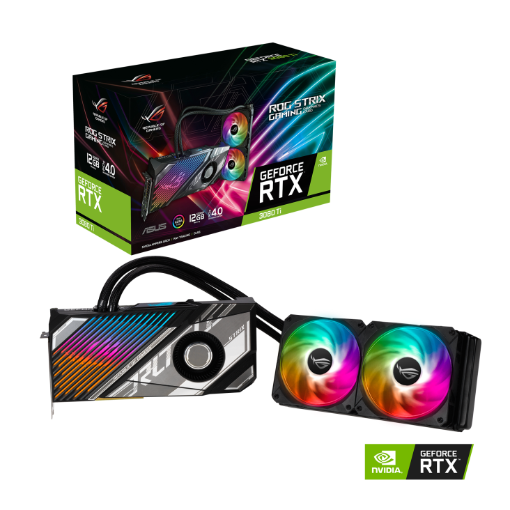 ROG-STRIX-LC-RTX3080TI-12G-GAMING packaging and graphics card with NVIDIA logo
