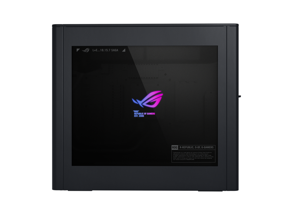 View of the left side of the ROG G22CH, with ROG Fearless Eye logo on the liquid cooler with a transparent side panel