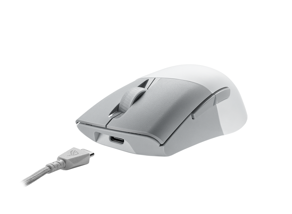 ROG Keris Wireless AimPoint White – angled view from the front with USB Type-C Cord