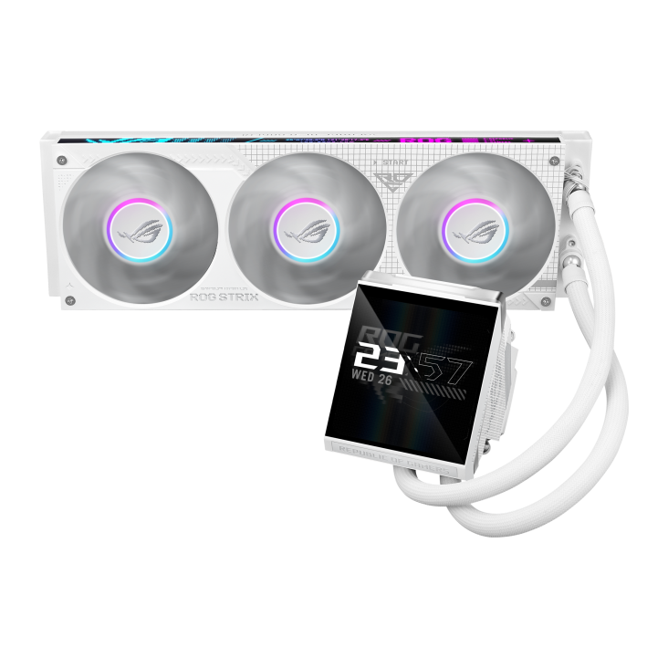 ROG Strix LC IV 360 ARGB LCD White Edition – front three-quart