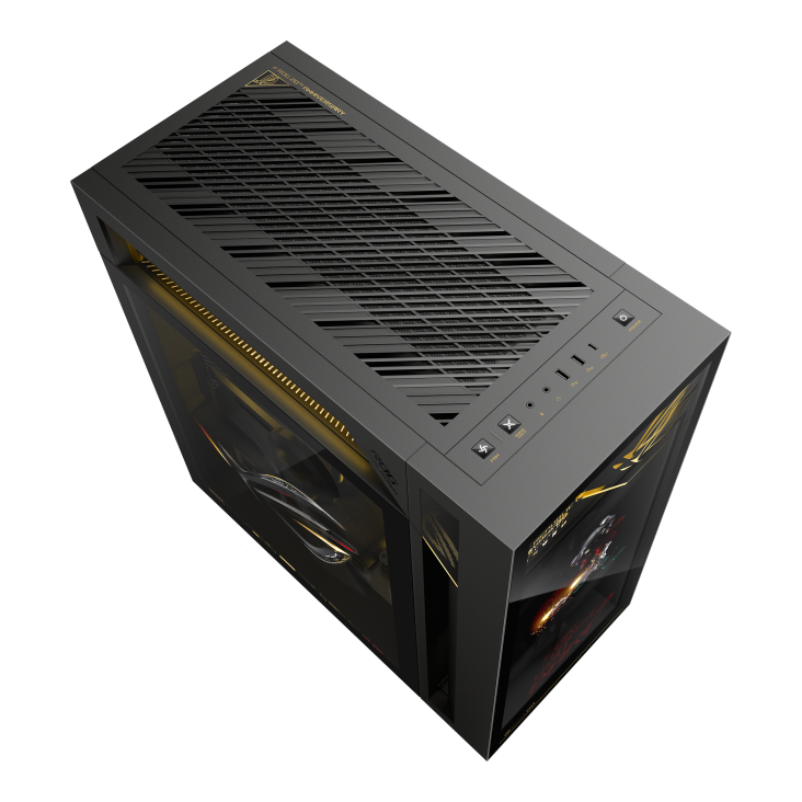 ROG G1000 (2026) GM1000 edition 20 A hovering ROG logo is projected from the fan, with a joystick on the left glass