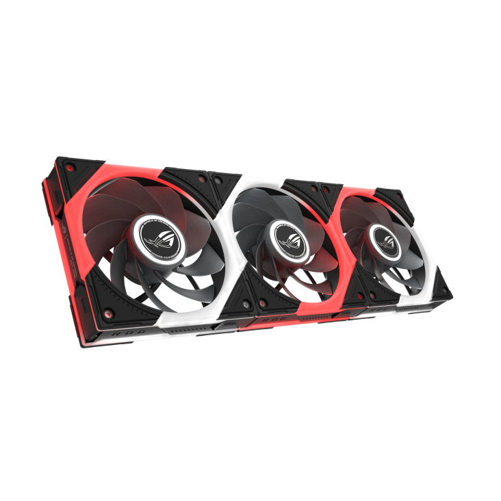 ROG Eurux GR120 ARGB Fan Triple pack reverse blade Black hero angle with ARGB lighting and three independent lighting zones