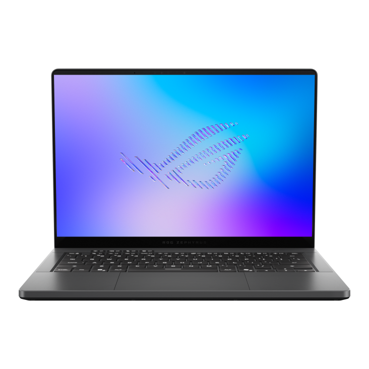 01_2026 Zephyrus G14 Front view of the Zephyrus G14, with the ROG Fearless Eye logo on screen