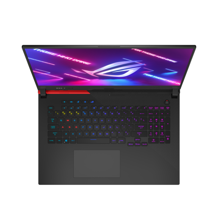 Top down view of the Original Black ROG Strix G17, with keyboard illuminated and ROG logo on screen.