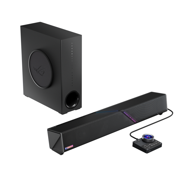 ROG Gjallar PC gaming soundbar side view angled from left bottom with wireless subwoofer and audio control hub