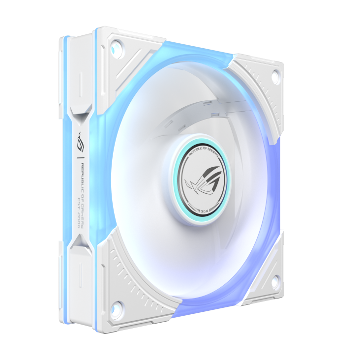 ROG Eurux GR120 ARGB Fan White 60 degree angle with rotating fan blade and ARGB lighting