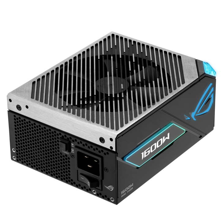 ROG Thor 1600W Titanium III EVO top-down angle focuses on left and front side