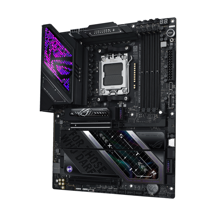 ROG STRIX X870E-E GAMING WIFI7 NEO front view, 45 degrees, viewed from right