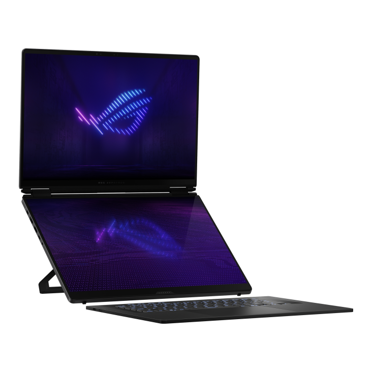 03_Right side of ROG Zephyrus DUO 16 (2026) with two vertical screens and illuminated keyboard