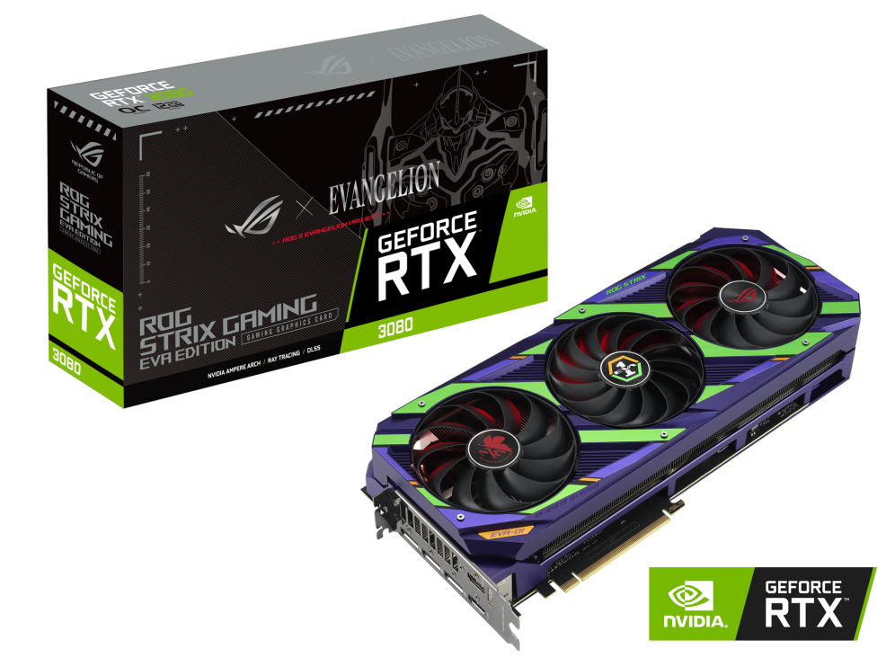ROG Strix GeForce RTX 3080 12GB EVA Edition packaging and graphics card with NVIDIA Logo
