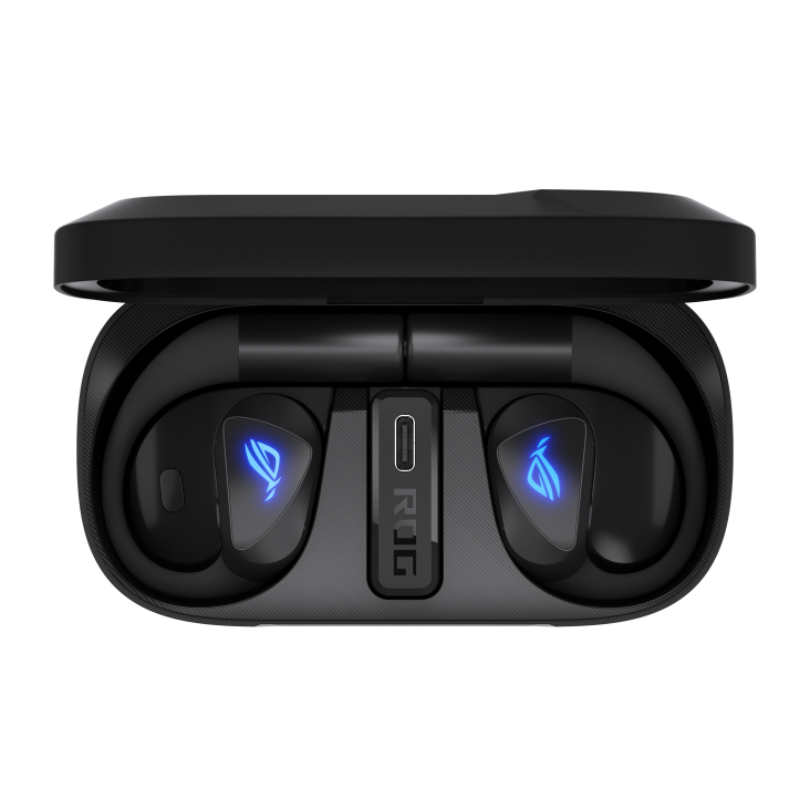ROG Cetra Open Wireless gaming earbuds inside charging case, front view