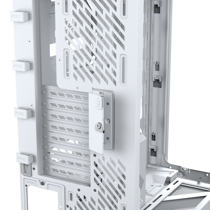 Rear-angle view of ROG Cronox Dual TG White with patented graphics card slot clamp and cable clips