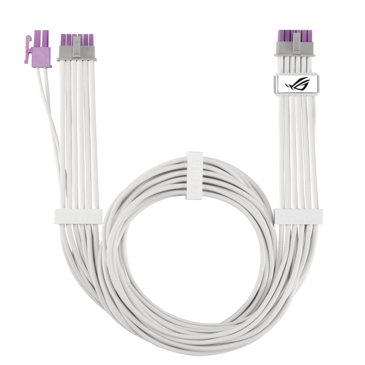 ROG Equalizer White Edition, neatly coiled, a 12v-2x6 PCIe cable featuring purple connector for connection verification, an ROG logo module for current equalization and temperature reduction, and white ROG-branded cable combs, and “GPU-First” intelligent voltage stabilizer.