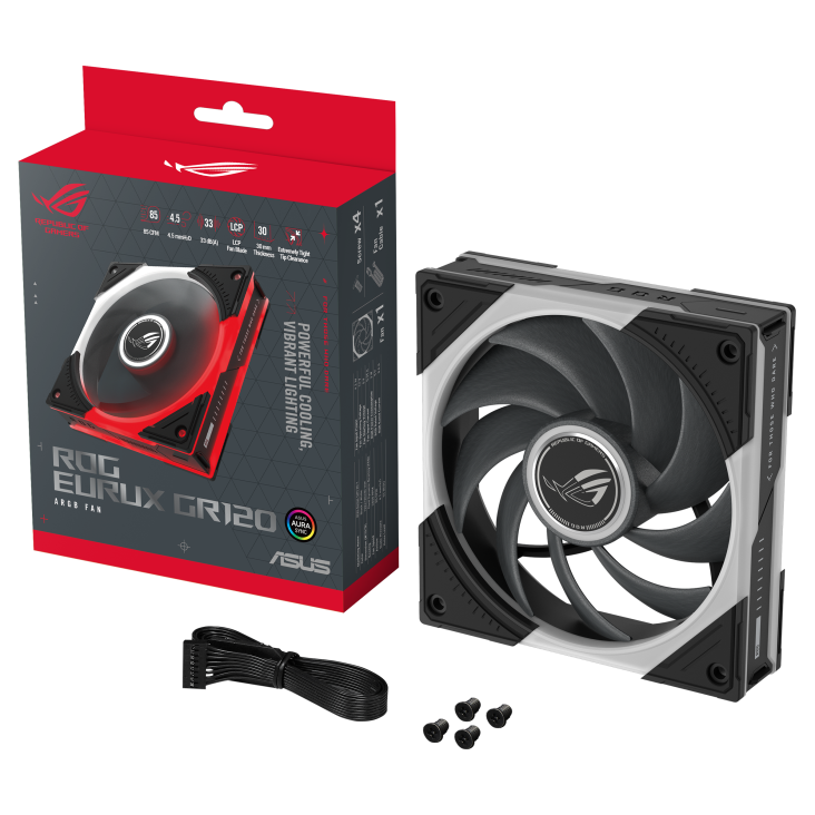 ROG Eurux GR120 ARGB Fan single pack color box, with accessories